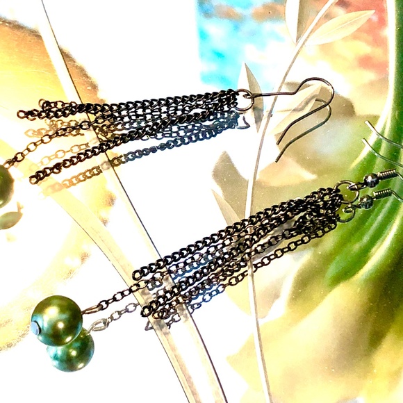 3/$32 Recycled Charcoal Chains/Green Pearl Bead Long Dangle Pierced Earrings - Picture 5 of 7